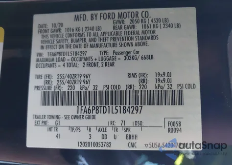 2020 Ford Mustang Ecoboost Premium Fastback z USA, uszkodzony, nr VIN 1FA6P8TD1L5184297